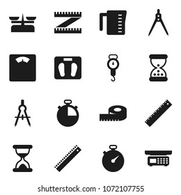 Flat vector icon set - measuring cup vector, scales, ruler, drawing compass, stopwatch, sand clock, store