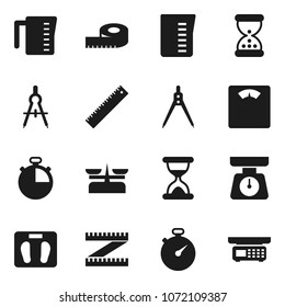 Flat vector icon set - measuring cup vector, scales, ruler, drawing compass, stopwatch, sand clock, store