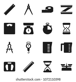 Flat vector icon set - measuring cup vector, scales, ruler, drawing compass, stopwatch, sand clock, store