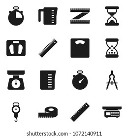 Flat vector icon set - measuring cup vector, scales, ruler, drawing compass, stopwatch, sand clock, store