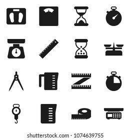 Flat vector icon set - measuring cup vector, scales, ruler, drawing compass, stopwatch, sand clock, store