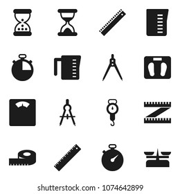 Flat vector icon set - measuring cup vector, scales, ruler, drawing compass, stopwatch, sand clock, store