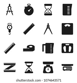 Flat vector icon set - measuring cup vector, scales, ruler, drawing compass, stopwatch, sand clock, store