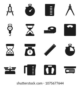 Flat vector icon set - measuring cup vector, scales, ruler, drawing compass, stopwatch, sand clock, store