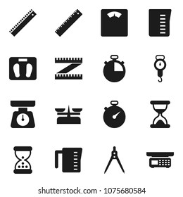 Flat vector icon set - measuring cup vector, scales, ruler, drawing compass, stopwatch, sand clock, store