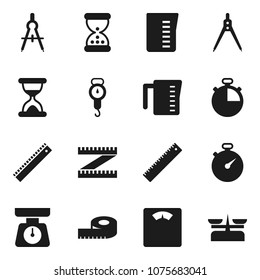 Flat vector icon set - measuring cup vector, scales, ruler, drawing compass, stopwatch, sand clock, store