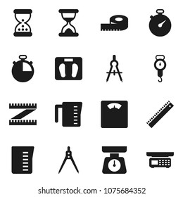 Flat vector icon set - measuring cup vector, scales, ruler, drawing compass, stopwatch, sand clock, store