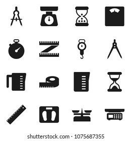 Flat vector icon set - measuring cup vector, scales, ruler, drawing compass, stopwatch, sand clock, store