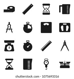 Flat vector icon set - measuring cup vector, scales, ruler, drawing compass, stopwatch, sand clock, store
