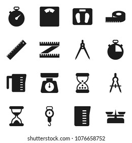 Flat vector icon set - measuring cup vector, scales, ruler, drawing compass, stopwatch, sand clock, store