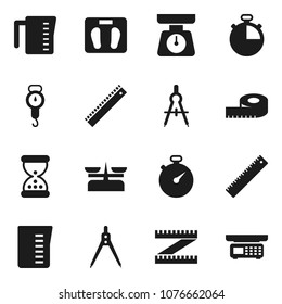 Flat vector icon set - measuring cup vector, scales, ruler, drawing compass, stopwatch, sand clock, store