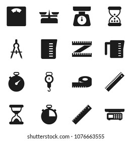 Flat vector icon set - measuring cup vector, scales, ruler, drawing compass, stopwatch, sand clock, store