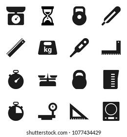 Flat vector icon set - measuring cup vector, corner ruler, sand clock, stopwatch, weight, big scales, thermometer, store, kitchen
