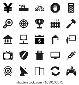 Flat vector icon set - meat hammer vector, grater, pasta, blackboard, award cup, university, dollar calendar, yen sign, bike, horizontal bar, target, satellite antenna, monitor, syringe, shield, tv
