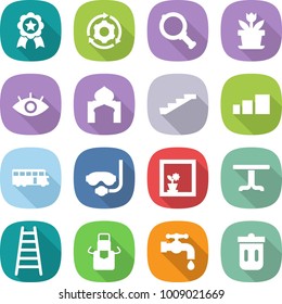 flat vector icon set - medal vector, around gear, magnifier, flower, eye, minaret, stairs, sorting, bus, diving mask, in window, table, ladder, apron, water tap, trash bin