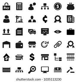 Flat vector icon set - medal vector, document, exam, dollar coin, case, growth, hierarchy, cent sign, office, support, sea container, top, cargo search, newspaper, speaking man, monitor, eye, barn
