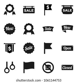 Flat vector icon set - medal vector, flag, dollar, no fastfood, gymnast rings, sale signboard, new, open, closed