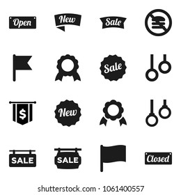 Flat vector icon set - medal vector, flag, dollar, no fastfood, gymnast rings, sale signboard, new, open, closed