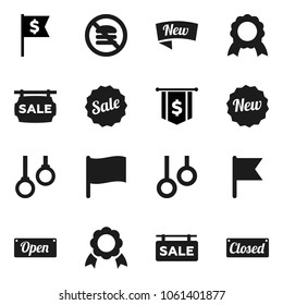 Flat vector icon set - medal vector, flag, dollar, no fastfood, gymnast rings, sale signboard, new, open, closed