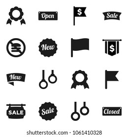 Flat vector icon set - medal vector, flag, dollar, no fastfood, gymnast rings, sale signboard, new, open, closed