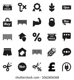 Flat vector icon set - medal vector, pound, muscule hand, shorts, cereals, no hook, weight, barcode, message, low price signboard, smart home, protect, new, open, percent, buy, coupon, power plug
