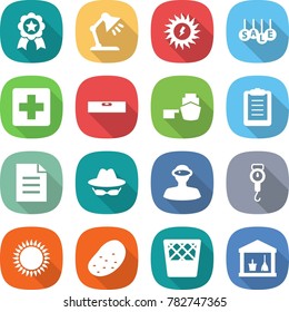 flat vector icon set - medal vector, table lamp, sun power, sale, medical cross, level, port, clipboard, document, confidential, vr helmet, handle scales, gas oven, potato, trash bin, utility room