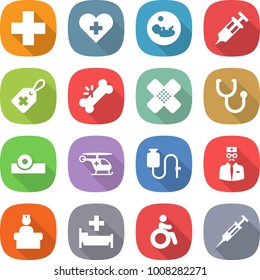 flat vector icon set - medical cross vector, heart, pregnancy, syringe, label, broken bone, patch, stethoscope, head reflector, ambulance helicopter, dropper, doctor, hospital recieption, invalid