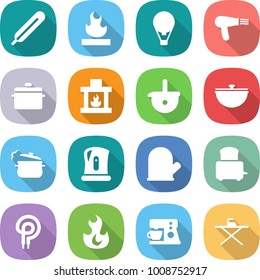 flat vector icon set - medical thermometer vector, flammable, air ballon, hair dryer, pan, fireplace, ladle, cauldron, steam, kettle, cook glove, toaster, elecric oven, fire, coffee maker