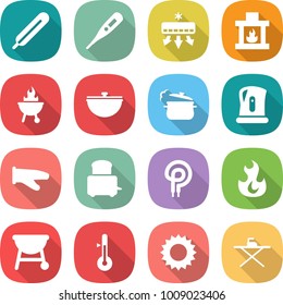 flat vector icon set - medical thermometer vector, air conditioning, fireplace, bbq, cauldron, steam pan, kettle, cook glove, toaster, elecric oven, fire, sun, iron board