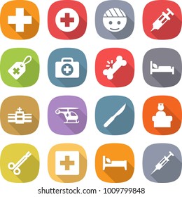flat vector icon set - medical cross vector, bandaged head, syringe, label, doctor case, broken bone, hospital bed, ambulance helicopter, scalpel, recieption, surgical clamp, first aid