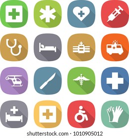 flat vector icon set - medical cross vector, ambulance star, heart, syringe, stethoscope, hospital bed, car, helicopter, scalpel, sign, first aid, invalid, gloves