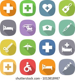 flat vector icon set - medical cross vector, heart, label, hospital bed, ambulance helicopter, hat, syringe, surgical clamp, sign, first aid, invalid
