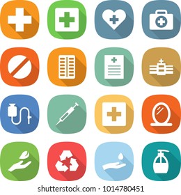 flat vector icon set - medical cross vector, heart, doctor case, pill, pills blister, recipe, hospital, dropper, syringe, first aid, mirror, hand leaf, recycling, and drop, liquid soap