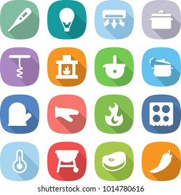 flat vector icon set - medical thermometer vector, air ballon, conditioning, pan, corkscrew, fireplace, ladle, steam, cook glove, fire, hob, bbq, steake, hot pepper