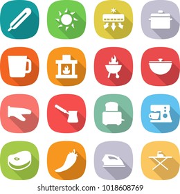 flat vector icon set - medical thermometer vector, sun, air conditioning, pan, cup, fireplace, bbq, cauldron, cook glove, turk, toaster, coffee maker, steake, hot pepper, iron, board
