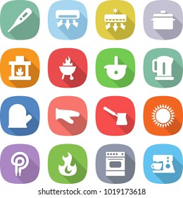 flat vector icon set - medical thermometer vector, air conditioning, pan, fireplace, bbq, ladle, kettle, cook glove, turk, gas oven, elecric, fire, coffee maker