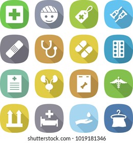 flat vector icon set - medical cross vector, bandaged head, label, crutch, patch, stethoscope, pill, pills blister, recipe, kidneys, roentgen, ambulance sign, cargo top, hospital, hand and drop