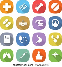 flat vector icon set - medical cross vector, crutch, broken bone, pill, hospital, ambulance helicopter, tomography, anamnesis, dropper, stomach, kidneys, lungs, syringe, recieption, sign