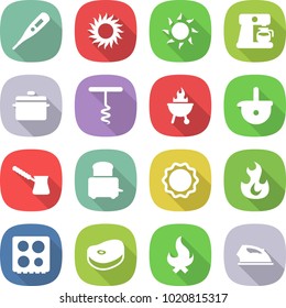 flat vector icon set - medical thermometer vector, sun, coffee maker, pan, corkscrew, bbq, ladle, turk, toaster, induction oven, fire, hob, steake, iron