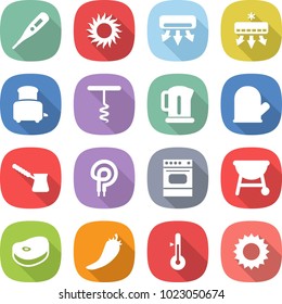 flat vector icon set - medical thermometer vector, sun, air conditioning, toaster, corkscrew, kettle, cook glove, turk, electric oven, bbq, steak, hot pepper
