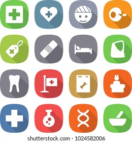 flat vector icon set - medical cross vector, heart, bandaged head, artificial insemination, label, patch, hospital bed, broken hand, tooth, flag, roentgen, recieption, chemical, dna, mortar