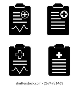 Flat vector icon set of medical documents including clipboard with cross, heartbeat chart, and medical reports. Simple black silhouette design for healthcare and hospital themes