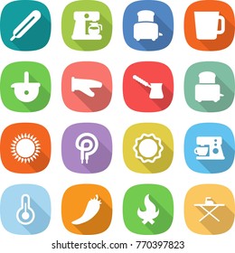 flat vector icon set - medical thermometer vector, coffee maker, toaster, cup, ladle, cook glove, turk, gas oven, elecric, induction, hot pepper, fire, iron board