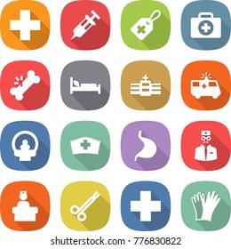 flat vector icon set - medical cross vector, syringe, label, doctor case, broken bone, hospital bed, ambulance car, tomography, hat, stomach, recieption, surgical clamp, gloves
