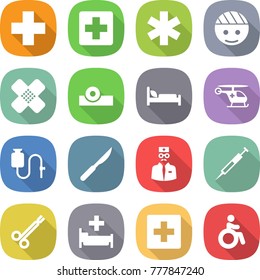 flat vector icon set - medical cross vector, ambulance star, bandaged head, patch, reflector, hospital bed, helicopter, dropper, scalpel, doctor, syringe, surgical clamp, first aid, invalid