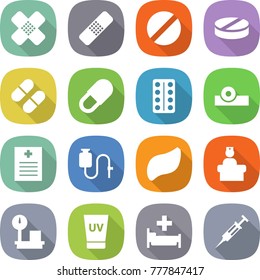 flat vector icon set - medical patch vector, pill, pills blister, head reflector, recipe, dropper, liver, hospital recieption, warehouse scales, uv cream, syringe