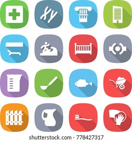 flat vector icon set - medical cross vector, chromosomes, column, skyscraper, lounger, surfer, crib, connect, measuring cup, ladle, fish, wheelbarrow, fence, jug, tooth brush, wiping