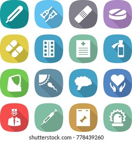 flat vector icon set - medical thermometer vector, crutch, patch, pill, pills blister, recipe, potion bottle, broken hand, sperm, brain, health care, doctor, syringe, roentgen, alarm