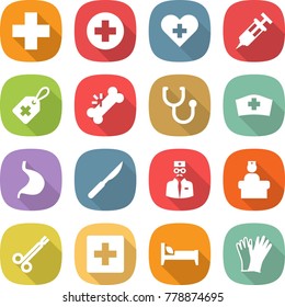 flat vector icon set - medical cross vector, heart, syringe, label, broken bone, stethoscope, hat, stomach, scalpel, doctor, hospital recieption, surgical clamp, first aid, bed, gloves