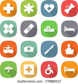 flat vector icon set - medical cross vector, ambulance star, heart, broken bone, patch, head reflector, hospital bed, car, hat, scalpel, recieption, sign, first aid, invalid